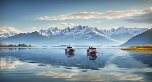 Bateau de pêche sur un lac immobile avec de hautes montagnes en arrière-plan