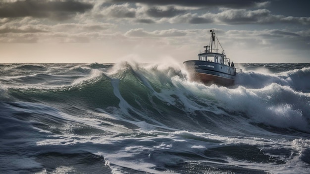 Bateau de pêche en mer orageuse au coucher du soleil Image panoramique