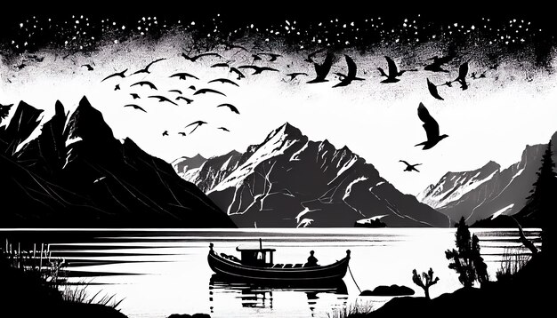 Bateau de pêche et montagnes en arrière-plan Illustration en noir et blanc AI générative