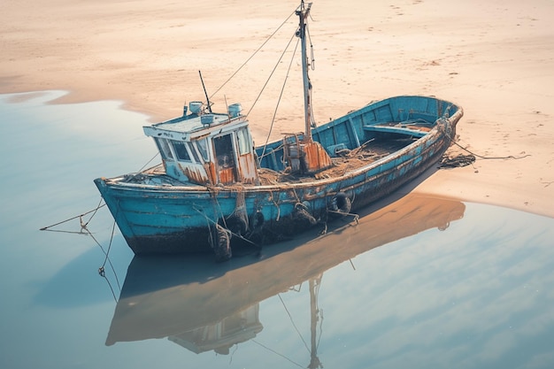 Un bateau de pêche rustique échoué sur la rive sablonneuse, une relique des jours de la mer.