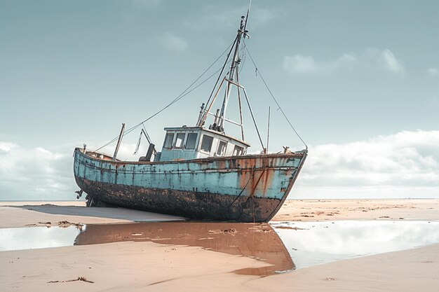 Un bateau de pêche rustique échoué sur la rive sablonneuse, une relique des jours de la mer.