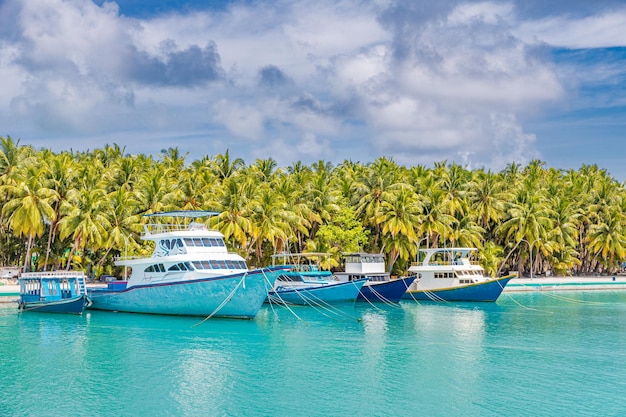 Bateau de pêche tropical à côté de l'île paradisiaque aux Maldives Île locale avec des bateaux de pêche