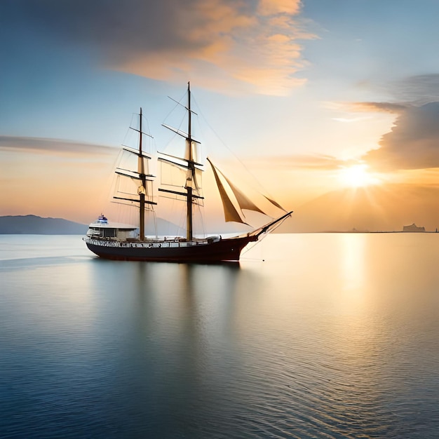 Bateau photo généré par IA avec des voiles sur l'eau et des montagnes en arrière-plan