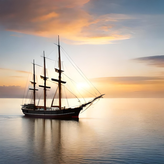 Bateau photo généré par IA avec des voiles sur l'eau et des montagnes en arrière-plan