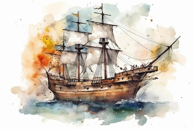 Bateau pirate aquarelle pour une aventure d'anniversaire sur fond blanc généré par l'IA