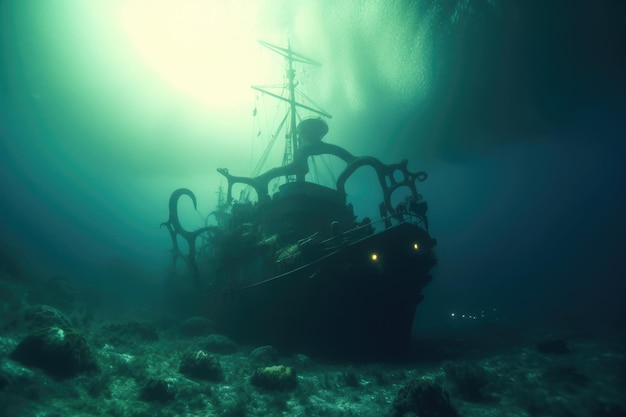 Bateau pirate coulé brillant sous l'eau avec un calmar géant AIG32