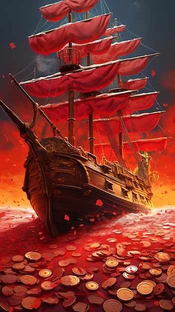 Bateau pirate dans l'océan avec des voiles rouges et des pièces d'or ai génératives