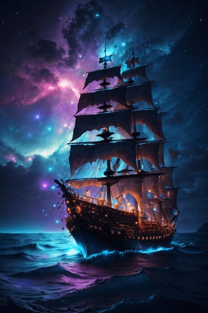 Photo bateau pirate naviguant dans une mer bioluminescente avec une galaxie dans le ciel