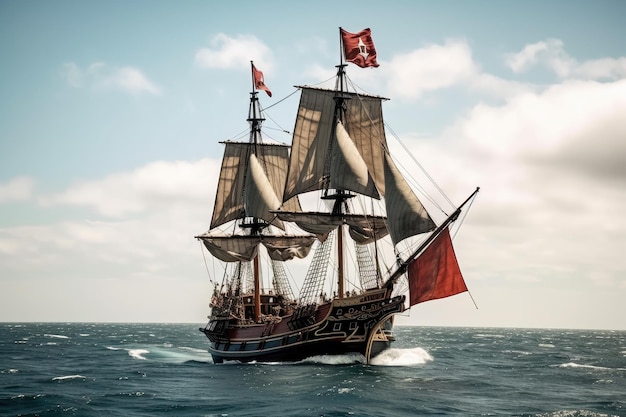 Bateau pirate naviguant en haute mer avec le vent dans ses voiles