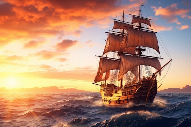 Bateau pirate naviguant sur l'océan au coucher du soleil Croisière vintage