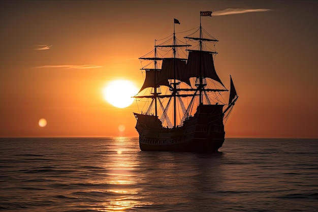 Le bateau pirate noir navigue vers le lever du soleil avec le soleil furtivement à l'horizon