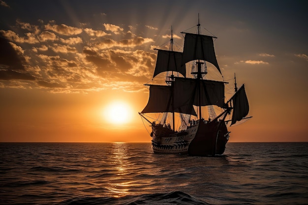 Le bateau pirate noir navigue vers le lever du soleil avec le soleil furtivement à l'horizon