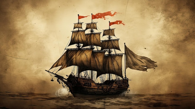 Bateau pirate patiné naviguant sous le célèbre drapeau Jolly Roger Aventures de pirates Mystères marins Maraudeurs intrépides Escapades en haute mer Généré par l'IA