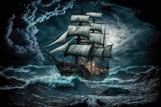 Un bateau pirate se battant dans une mer orageuse avec le vent et les vagues menaçant de faire chavirer le navire