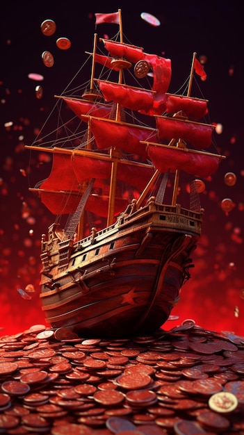 Bateau pirate sur un tas de pièces avec un ciel rouge en arrière-plan ai générative