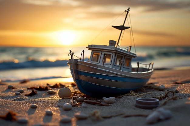 bateau sur une plage au coucher du soleil dans le style d'éclairage miniature paysages photoréalistes