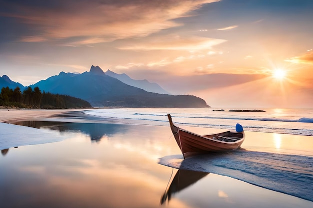 Un bateau sur la plage au coucher du soleil