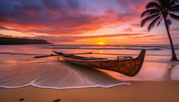 un bateau sur la plage avec un coucher de soleil en arrière-plan