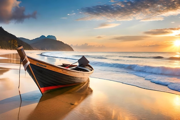 Un bateau sur une plage avec un coucher de soleil en arrière-plan