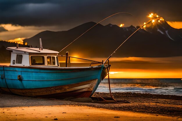 un bateau sur la plage avec une lumière en arrière-plan