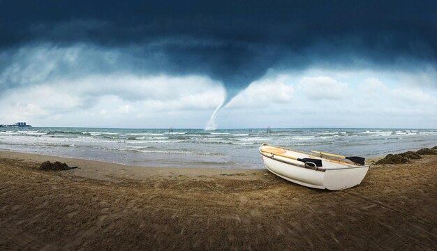 Photo un bateau sur une plage avec une tornade qui arrive.