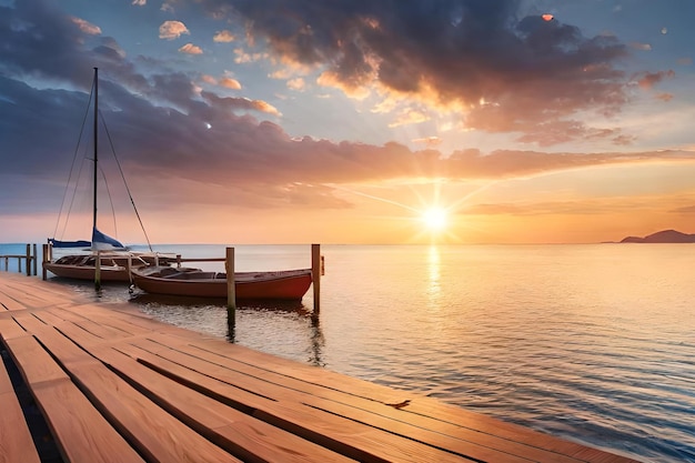 Un bateau sur un quai avec un coucher de soleil en arrière-plan