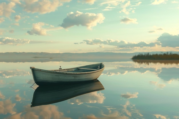 Un bateau à rames tranquille à la dérive sur un lac vitré