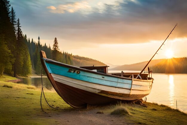 Un bateau sur le rivage au coucher du soleil