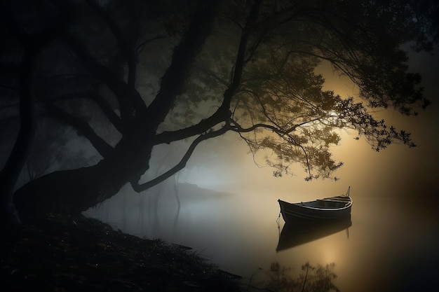 Bateau sur la rive du fleuve au lever du soleil