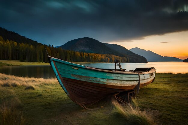 Un bateau sur la rive d'un lac avec des montagnes en arrière-plan.