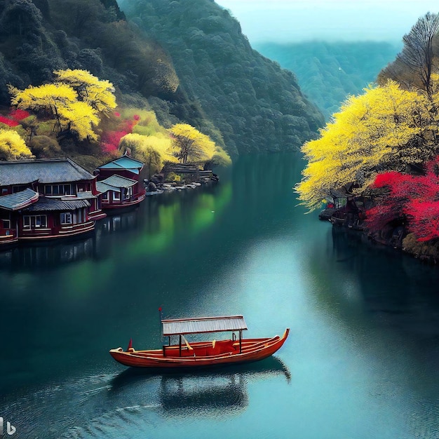 Photo un bateau sampan dans le lac de montagne chinois avec un cerisier en fleurs