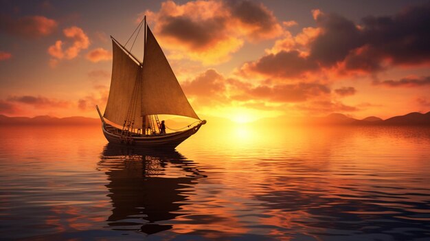 Photo un bateau avec un soleil qui se couche sur l'eau