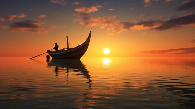 Photo un bateau avec un soleil qui se couche sur l'eau