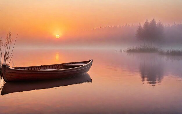 Un bateau solitaire debout dans un lac brumeux sur fond de soleil couchant