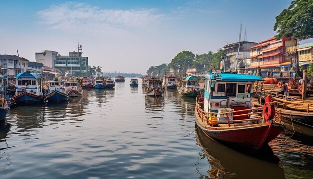 Photo un bateau avec un sommet bleu est assis dans l'eau avec d'autres bateaux en arrière-plan