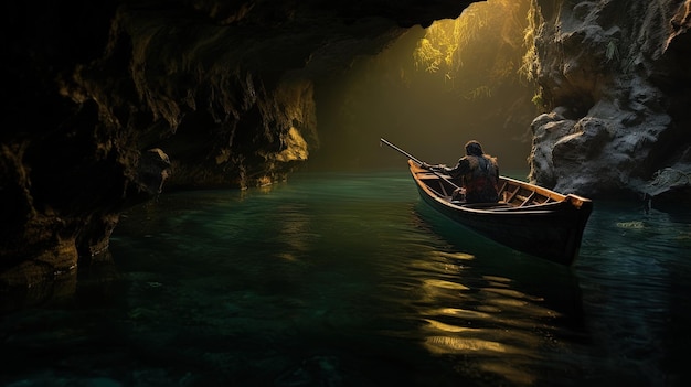 Un bateau avec son bateau navigant dans une rivière dans une caverne sombre