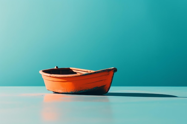 Un bateau sur une table bleue avec un fond bleu.