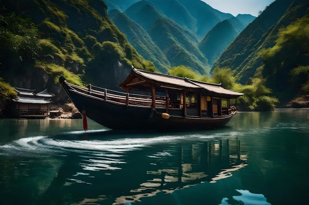 Un bateau avec un toit qui dit " un bateau " sur l'eau.