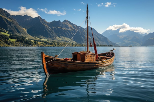 Un bateau tranquille traverse un lac serein sous un ciel bleu IA générative