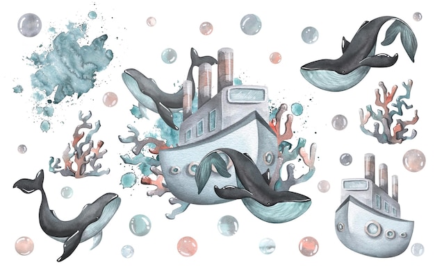 Un bateau à vapeur avec des bulles de coraux de baleines et des éclaboussures d'eau Illustration aquarelle dessinée à la main Ensemble d'éléments isolés sur fond blanc