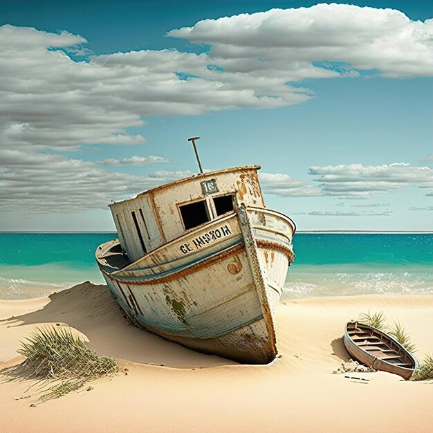 Un bateau vintage se reposant sur une plage isolée Scène côtière sereine avec des bateaux vieillis