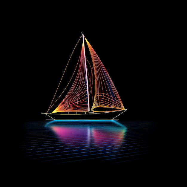 Photo bateau à voile coloré bleu serein lignes de néon flottantes décorations d'ancre s y2k art lumineux dégradé