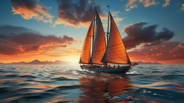 bateau à voile dans la mer au coucher du soleil