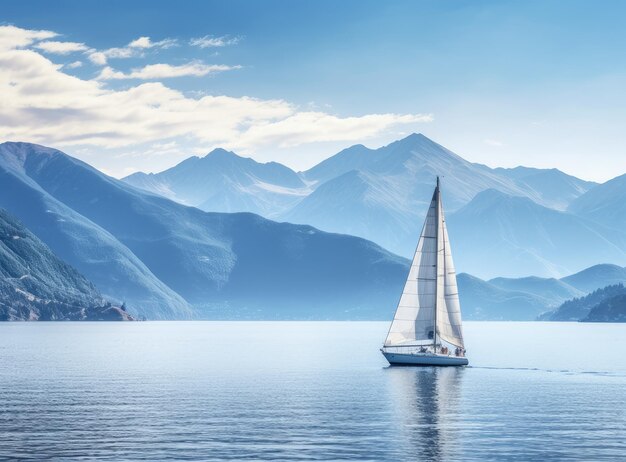 Bateau à voile dans la mer sur fond de montagnes Créé avec la technologie Generative AI