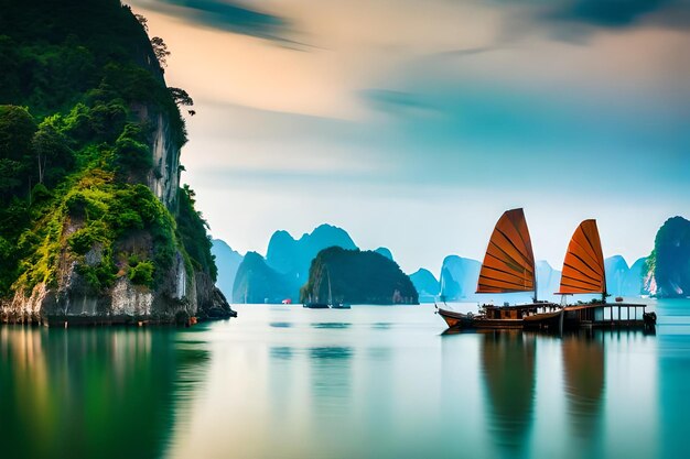 Photo un bateau avec une voile sur l'eau et une montagne en arrière-plan