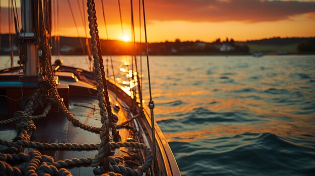 bateau à voile sur la mer au coucher du soleil à l'arrière-plan