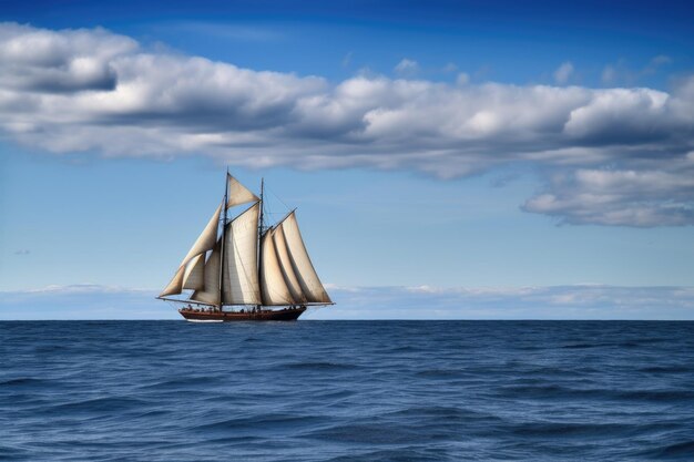 Bateau à voile avec les voiles gonflées par le vent et l'ondulation de l'eau créée avec l'IA générative