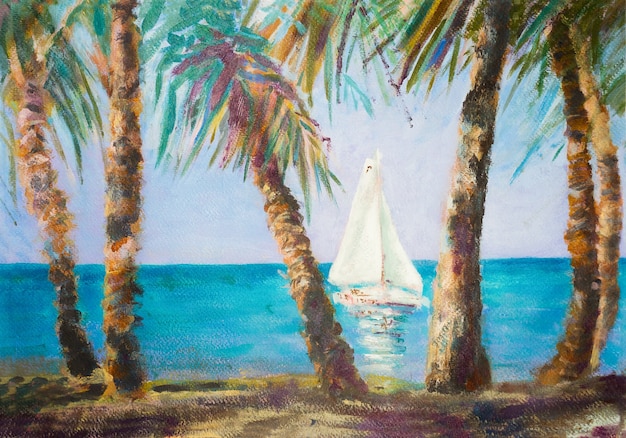 Photo bateau à vue sur la mer à travers le dessin aquarelle de palmiers