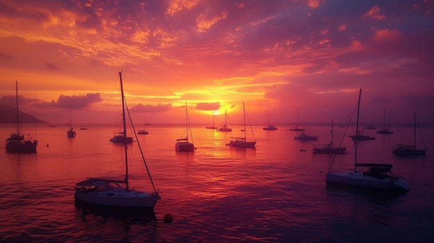 Des bateaux au chaud sous un coucher de soleil ardent ancrés dans des eaux tranquilles