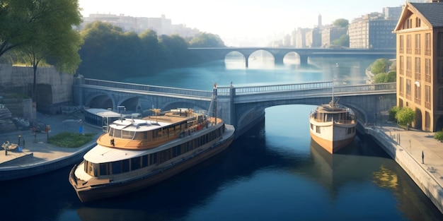 des bateaux et des bâtiments étonnants avec une rivière Arrière-plan